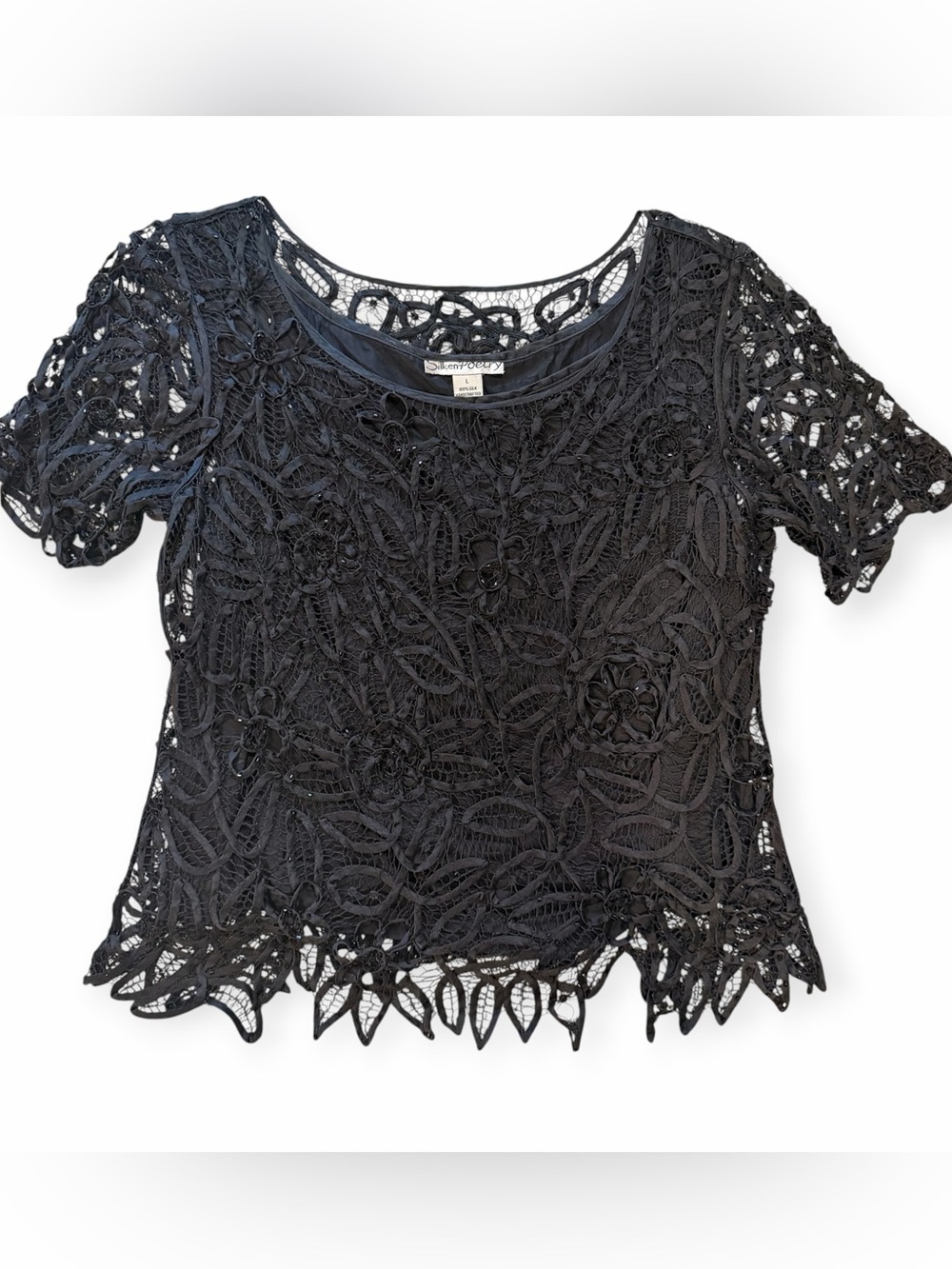 Vintage Silken Poetry 100% Silk Black Floral Lace Beaded Blouse Top L